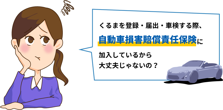 くるまを登録・届出・車検する際、自動車損害賠償責任保険に加入しているから大丈夫じゃないの？